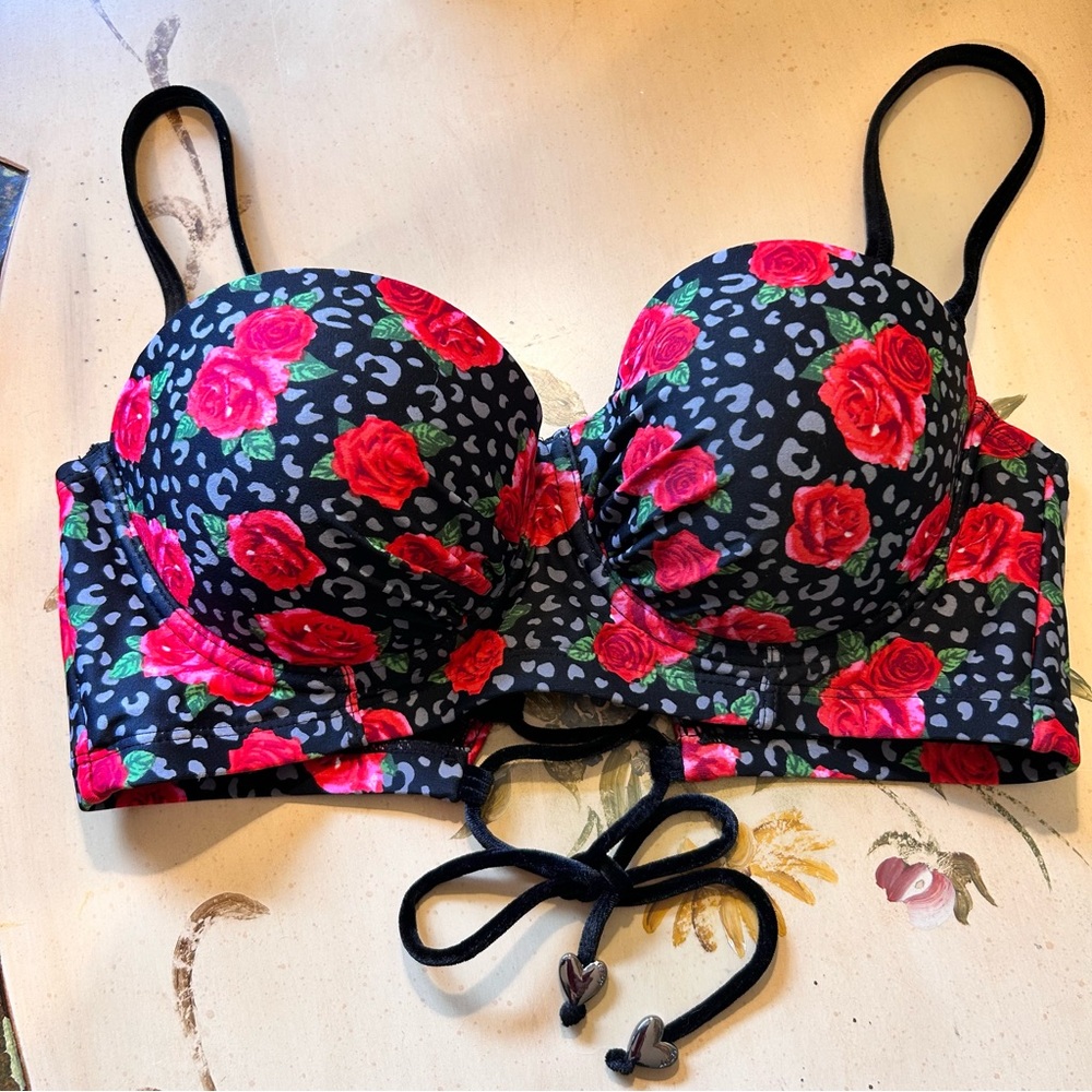 Betsey Johnson Black Red Roses Floral Leopard Velvet Push up Lace up Back Bra